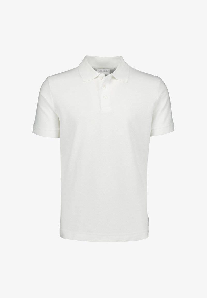 Weißes Poloshirt mit kurzen Ärmeln, drei Knöpfen und einem Kragen, dargestellt vor einem schlichten weißen Hintergrund.