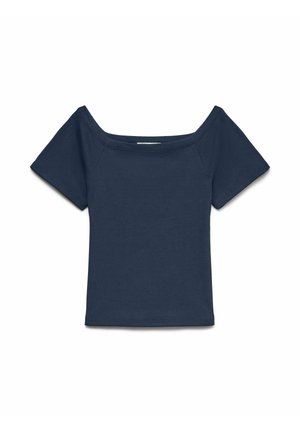 Marineblauw kort mouw crop top met een brede boothals en raglanmouwen, weergegeven op een witte achtergrond.