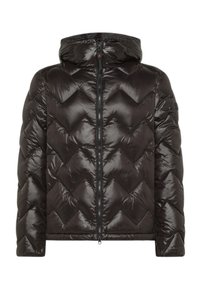 Musta toppatakki hupulla, jossa on kalanruotokuvioitu tikkaus, kiiltävä pinta ja edessä vetoketju.