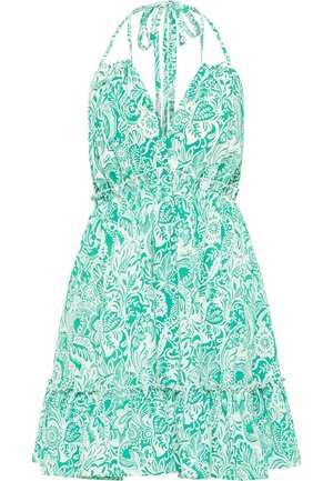 Abito halter stampato floreale verde con vita elastica, orlo arricciato e spalline con lacci sul retro. Materiale leggero con motivi intricati.