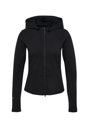 Sweat à capuche noir cintré à manches longues, avec fermeture éclair frontale et trous pour les pouces sur les manches, conçu pour femmes.