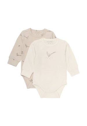 Zwei Langarm-Babyschnalldämpfer: einer beige mit Vogelmotiven, der andere weiß mit einer Vogelgrafik. Beide aus weichem Stoff gefertigt und mit Druckknopfverschlüssen ausgestattet.