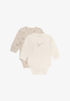 Deux bodys à manches longues pour bébé : un beige avec des motifs d'oiseaux et un blanc avec un graphique d'oiseau. Tous deux fabriqués en tissu doux, dotés de fermetures à pression.