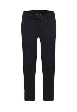 Pantaloni felpati neri realizzati in materiale morbido, con vita regolabile tramite cordoncino, gambe affusolate e senza cuciture o motivi visibili.
