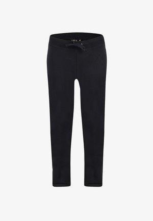 Pantaloni felpati neri realizzati in materiale morbido, con vita regolabile tramite cordoncino, gambe affusolate e senza cuciture o motivi visibili.