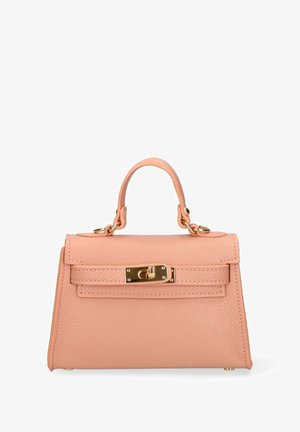 Peach leather handbag with a structured shape, top handle, gold hardware, and a front clasp. Textured finish with visible stitching accents.