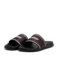 Black slide sandals feature a wide strap with red and white accent lines. The sole is flat and made of smooth, flexible material.