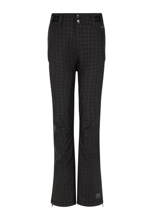 Pantalons de ski noirs avec un motif pied-de-poule, dotés de deux fermetures à boutons, de zips aux chevilles et d'un matériau résistant à l'eau.