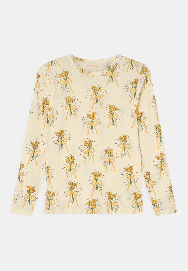 Langärmliges Hemd aus cremefarbener Baumwolle mit floralem Druck in Gelb und grünen Schleifen, bestreut mit kleinen schwarzen Punkten.