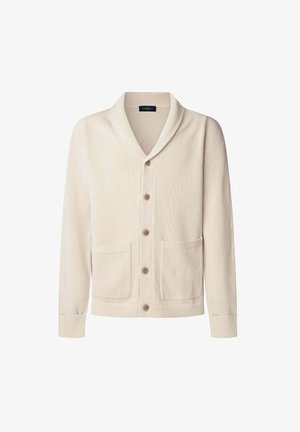 Cardigan beige realizzato in tessuto morbido, con colletto a scialle, cinque bottoni marroni e due tasche frontali. Dettagli a coste sui polsini e sull'orlo.
