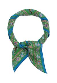 Green and blue patterned scarf featuring floral designs, a silky texture, and pointed ends, knotted in the center for a looped appearance.