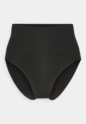 Hög midja svarta bomullsunderbyxor med en slät textur och elastiskt midjeband, utan synliga sömmar eller dekorationer.