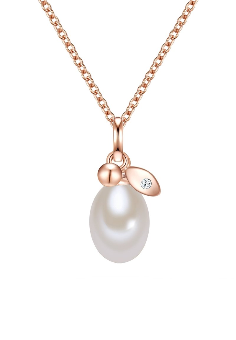 Rožu zelta kaklarota ar gludu, ovālu balto pērli kā piekariņu, kuru papildina neliels lapas akcenta elements, kas izrotāts ar caurspīdīgu dārgakmeni. Būvēšana ar ķēdes posmiem.