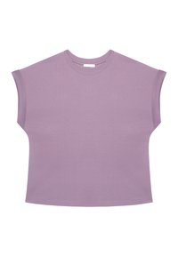 T-shirt lilla a maniche corte con scollatura rotonda, maniche larghe e vestibilità comoda. Realizzato in tessuto morbido e leggero.