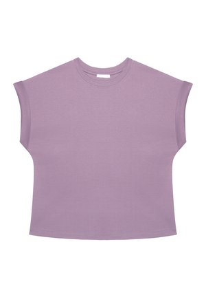 Liliowa koszulka z krótkim rękawem z okrągłym dekoltem, szerokimi rękawami i luźnym krojem. Wykonana z miękkiego, lekkiego materiału.
