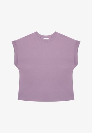 T-shirt lilla a maniche corte con scollatura rotonda, maniche larghe e vestibilità comoda. Realizzato in tessuto morbido e leggero.