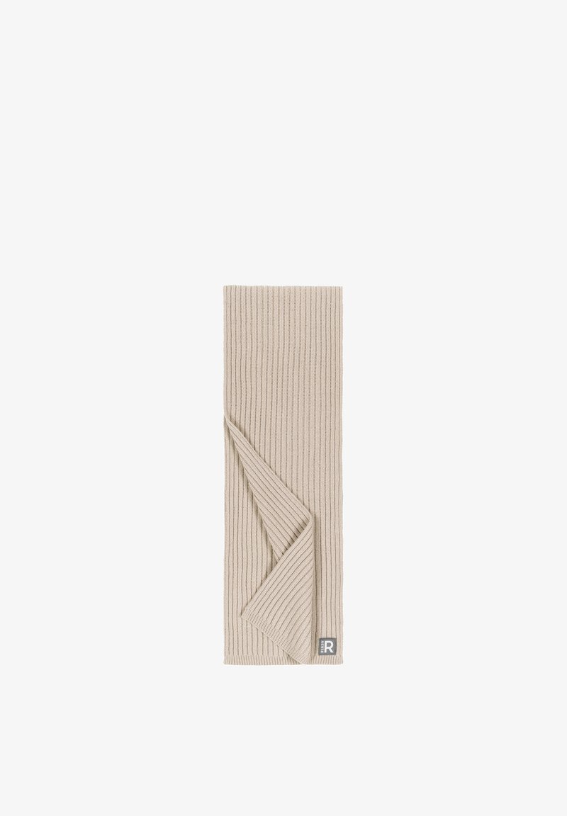 Beige ribbed scarf made of soft material, featuring an R logo tag on one corner and a folded edge for a textured finish.