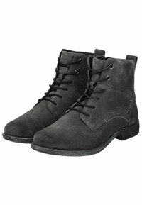 Botas de ante negras hasta el tobillo con un clásico diseño de cordones, punta redondeada y sutiles detalles de costura en los laterales.