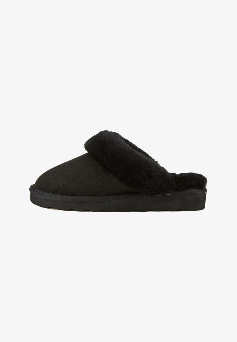 Black slipper with a soft, fluffy collar, suede upper, and rubber sole, featuring a rounded toe and seamless design.