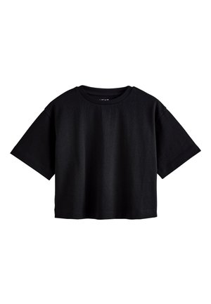 Schwarzes kurzärmeliges, bauchfreies T-Shirt mit Rundhalsausschnitt aus weichem Stoff, auf weißem Hintergrund präsentiert.