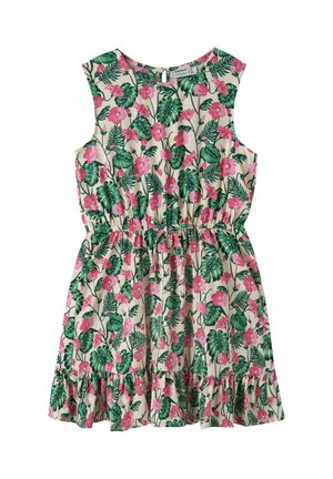 Ermeløs kremfarget kjole med rosa blomstermønster og grønne blader, elastisk midje, falmet kant og knappelukking bak.