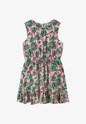 Robe crème sans manches avec motif floral rose et feuilles vertes, taille élastique, ourlet à volants, et fermeture à boutons dans le dos.