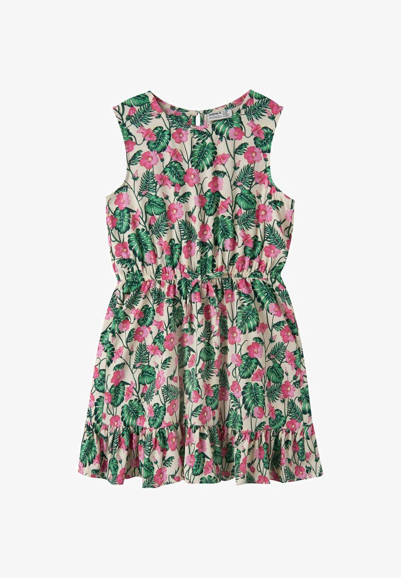 Robe crème sans manches avec motif floral rose et feuilles vertes, taille élastique, ourlet à volants, et fermeture à boutons dans le dos.