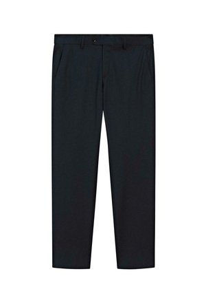 Pantaloni neri realizzati in tessuto liscio con un design a gamba dritta, dotati di tasche laterali, chiusura con bottone e dettagli di cucitura discreti.
