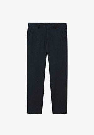 Schwarze Hosen aus glattem Stoff mit geradem Bein, seitlichen Taschen, einem Knopfverschluss und dezenten Nähdetails.