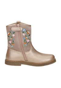 Rose gold ankle boot with a side zipper, featuring floral embroidery in blue, pink, and orange on a tan background. Textured leather finish.