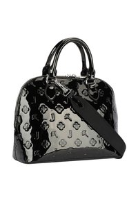 Borsa a mano in pelle verniciata nera con motivi floreali e lettere in rilievo, manici doppi, accessori in argento e tracolla nera removibile.