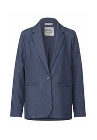 Blazer blu scuro realizzato in tessuto texture, con rever a punta, chiusura a un bottone e due tasche frontali.