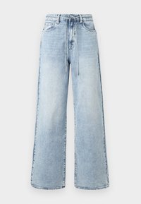 Ανοιχτό μπλε παντελόνια με φαρδύ καπέλο από τζην, με ψηλή μέση, κλείσιμο με κορδόνι και σχέδιο πέντε τσέπες με ελάχιστη φθορά.