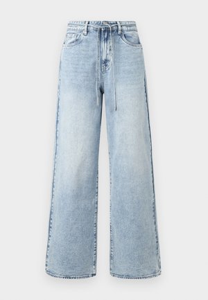 Lys blå wide-leg jeans laget av denim, med høy midje, snorstrikk, og femlommerdesign med minimal fading.
