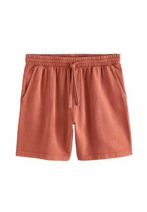 Rustfarbene Freizeitshorts mit elastischem Bund, vorderem Kordelzug und Seitentaschen, auf weißem Hintergrund dargestellt.