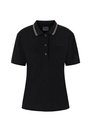 Svart polo skjorta i strukturerat tyg med en placket med tre knappar, ribbad krage med vita och gyllene ränder och subtil logotypdetaljering.