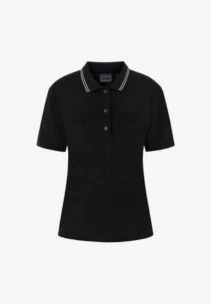 Schwarzes Poloshirt aus strukturiertem Stoff mit einer Knopfleiste mit drei Knöpfen, geripptem Kragen mit weißen und goldenen Streifen sowie dezentem Logodetail.