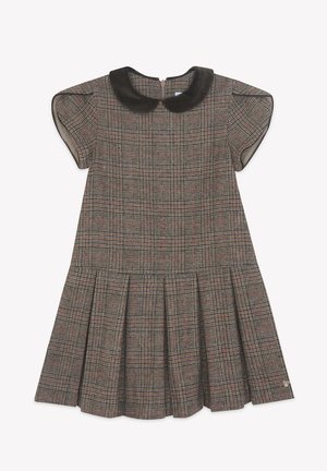 Kurzärmeliges kariertes Kleid mit plissiertem Rock und dunklem Samt-Peter-Pan-Kragen, flach auf weißem Hintergrund dargestellt.