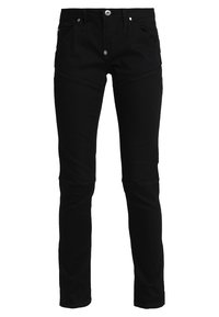 Černé džíny s slim fit střihem, pěti kapsami, kovovým zapínáním a minimálními švy. Hladká textura, univerzální styl.