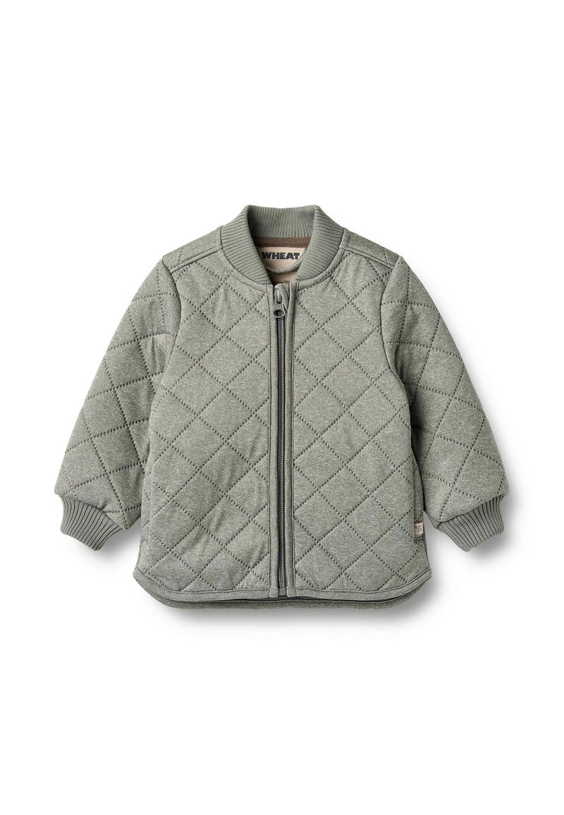 Gewatteerd bomberjack in lichtgroene stof met een ritssluiting aan de voorkant, geribde manchetten en een diamantpatroon. Voorzien van een klein merklipje.