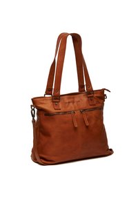 Borsa tote in pelle marrone con due manici, dotata di una tasca frontale con zip e una superficie liscia e strutturata.