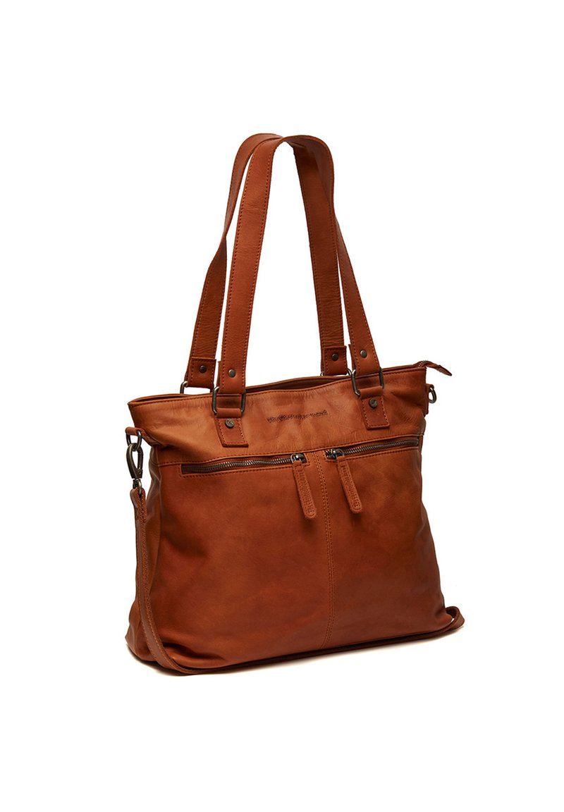 Borsa tote in pelle marrone con due manici, dotata di una tasca frontale con zip e una superficie liscia e strutturata.