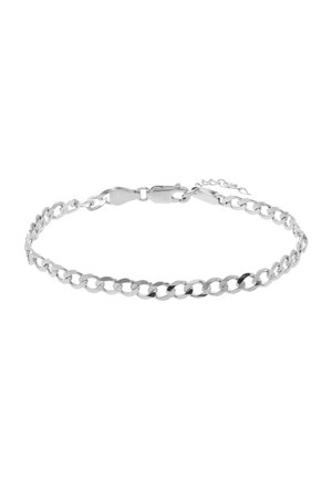 Bracelet fin en chaîne argentée avec des maillons ovales plats et un fermoir mousqueton, présenté sur un fond blanc uni.
