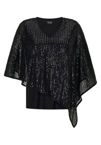 Schwarzer, mit Pailletten besetzter Poncho mit V-Ausschnitt, der ein leichtes Design aufweist. Die oberste Schicht ist mit glitzernden Pailletten über einem schwarzen Grundstoff texturiert.