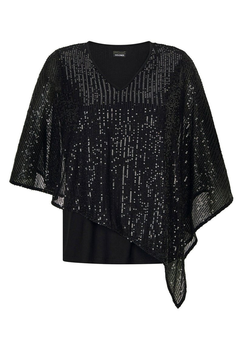 Schwarzer, mit Pailletten besetzter Poncho mit V-Ausschnitt, der ein leichtes Design aufweist. Die oberste Schicht ist mit glitzernden Pailletten über einem schwarzen Grundstoff texturiert.