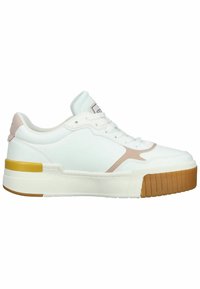Baskets blanches avec un dessus en cuir lisse, des accents roses et une épaisse semelle en caoutchouc texturée. Dispose de lacets et d'un col rembourré.
