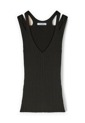 Zwarte geribbelde tanktop met een diepe V-hals, brede schouderbanden en uitsnijdingen. Gemaakt van een zacht materiaal, met een textuurpatroon over de gehele stof.