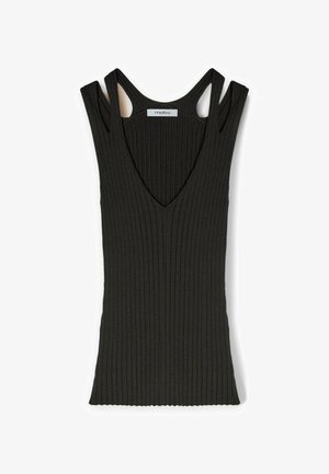 Zwarte geribbelde tanktop met een diepe V-hals, brede schouderbanden en uitsnijdingen. Gemaakt van een zacht materiaal, met een textuurpatroon over de gehele stof.
