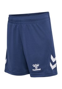 Marineblaue Sportshorts aus strukturiertem Stoff, mit einem weißen Logo und Chevron-Design an den Seiten, ausgestattet mit einem elastischen Bund.