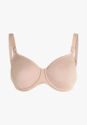 Beige underwired bra with smooth fabric, molded cups, adjustable straps, and hook-and-eye closure at the back. Simple, seamless design.